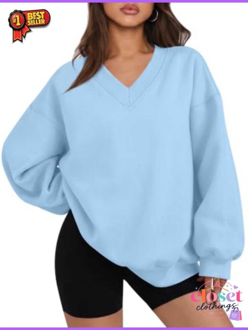 Oversized V Neck Pullover Sweatshirt Long Sleeve Fleece Lined
